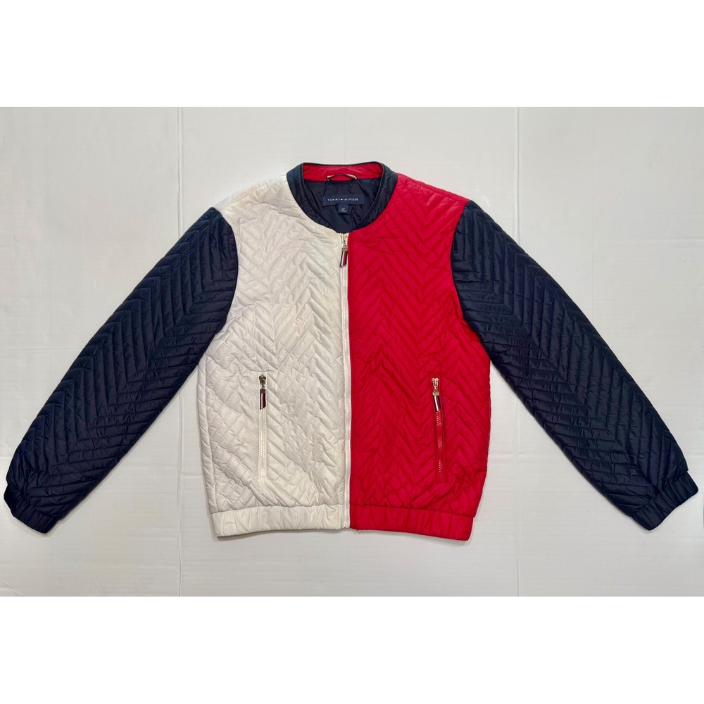 Tommy Hilfiger Womens Quilted Colorblock Bomber Jacket Red‎ White Navy Blue S/P